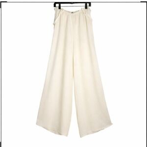 Zara Wide Leg Palazzo Pants Women Size M Ivory 100% Linen Elastic Waist EUC